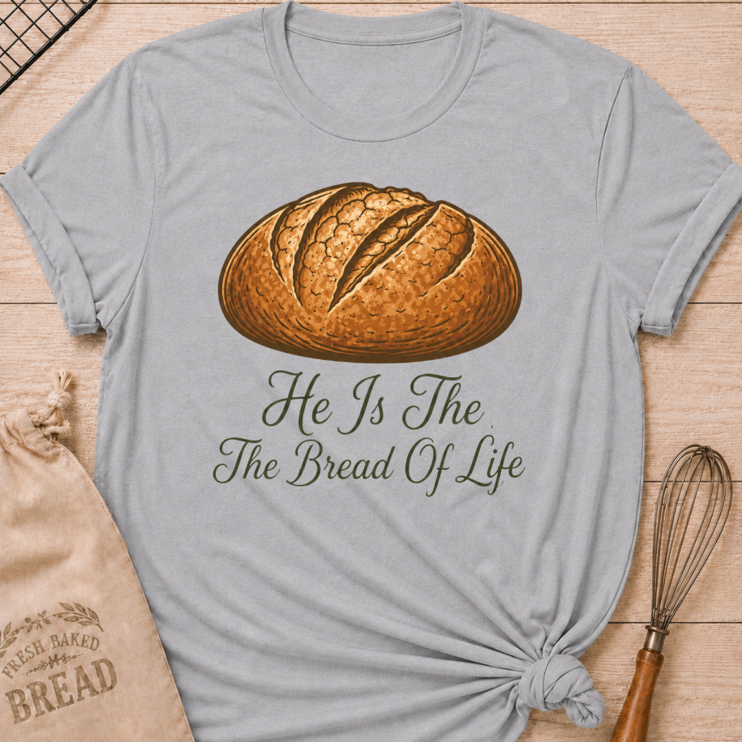 Athletic heather women's relaxed fit t-shirt with the words He Is the Bread of Life in graceful vintage lettering and an illustrated artisan loaf.