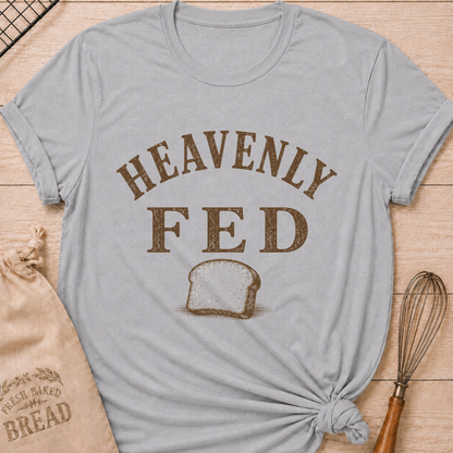 Athletic Heather Heavenly Fed women's relaxed fit tee with bold vintage lettering and a slice of homemade bread