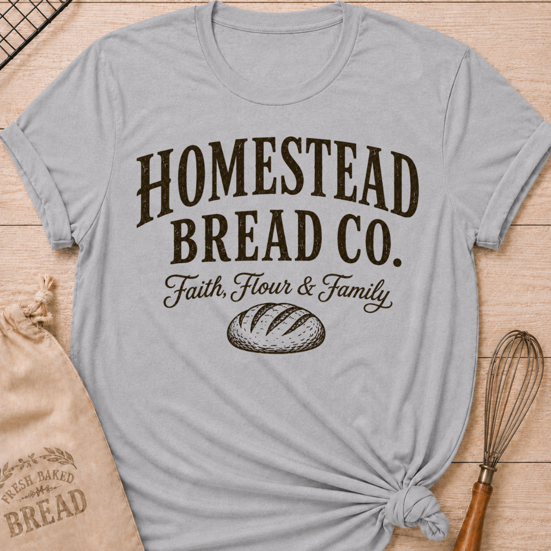 Athletic heather women's relaxed fit t-shirt with a vintage bread graphic and the words Homestead Bread Co. Faith, Flour and Family.
