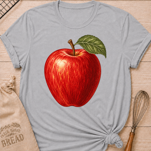 Athletic Heather women's relaxed fit tee with a richly detailed red apple and a fresh green leaf in a timeless vintage illustration style