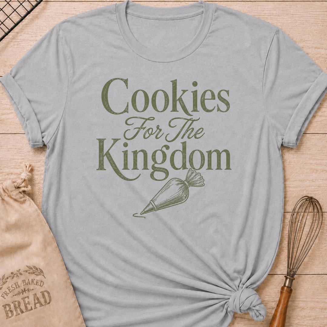 Athletic heather women's relaxed fit t-shirt with the words Cookies for the Kingdom in vintage lettering and a classic piping bag.