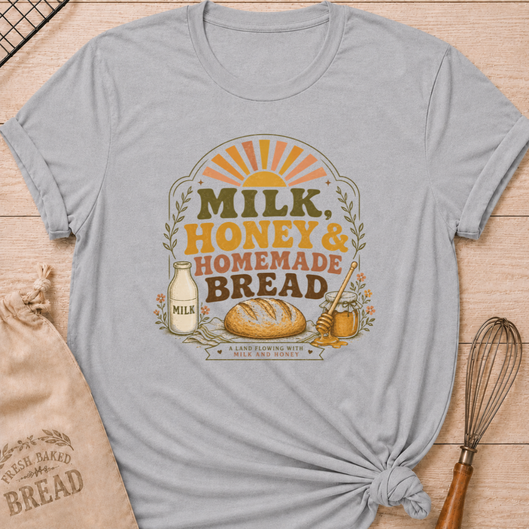 Athletic heather women's relaxed fit t-shirt with the words Milk, Honey & Homemade Bread in vintage lettering with a rustic loaf, an old-fashioned milk bottle, and a jar of honey beneath a retro sunrise.