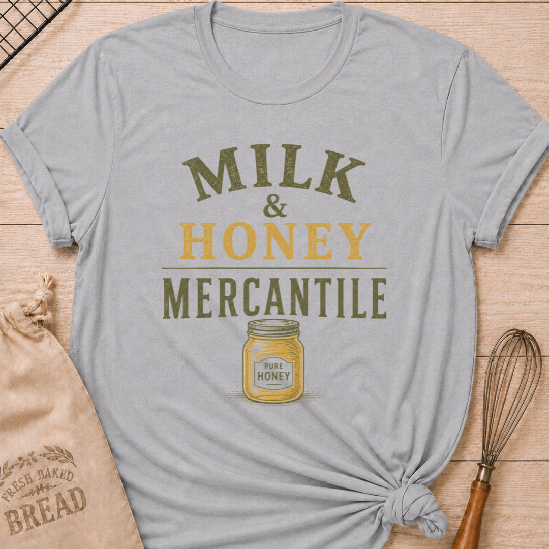 Athletic Heather Milk and Honey Mercantile women's relaxed fit tee with vintage lettering and a classic jar of pure honey