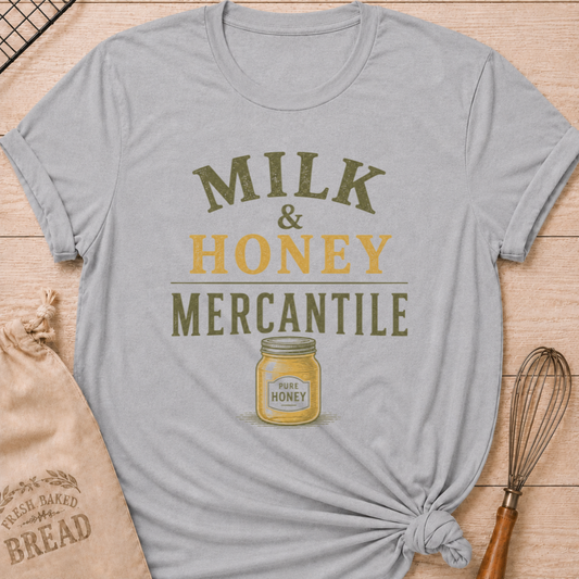Athletic Heather Milk and Honey Mercantile women's relaxed fit tee with vintage lettering and a classic jar of pure honey