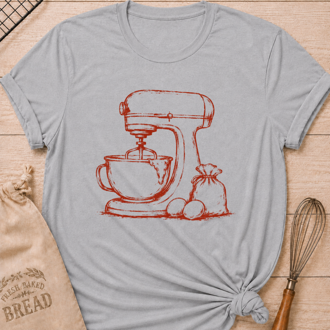 Athletic heather women's relaxed fit t-shirt with a vintage stand mixer, a flour sack and fresh eggs in a single color sketch.