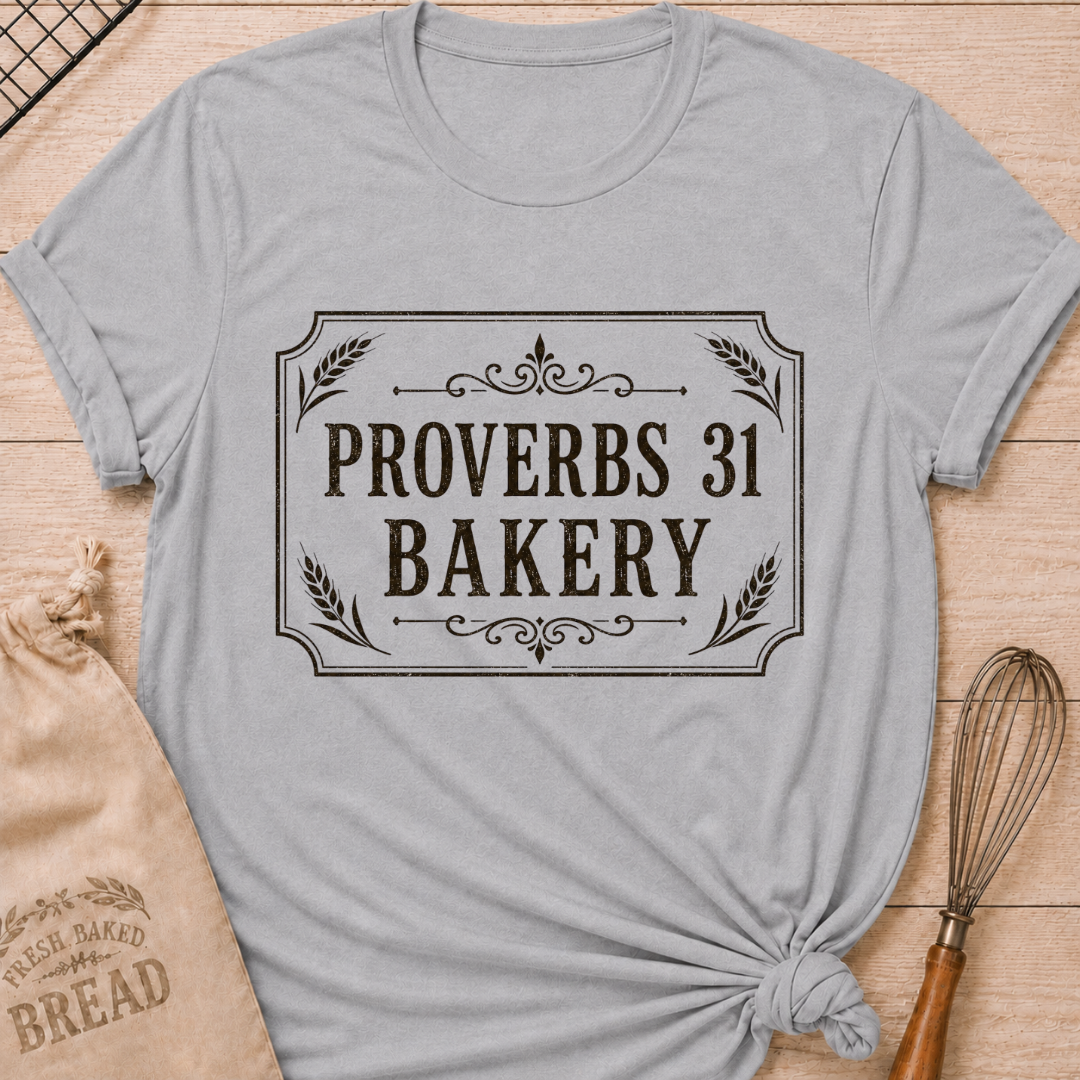 Athletic heather women's relaxed fit t-shirt with Proverbs 31 Bakery in classic lettering framed by wheat and ornamental details.