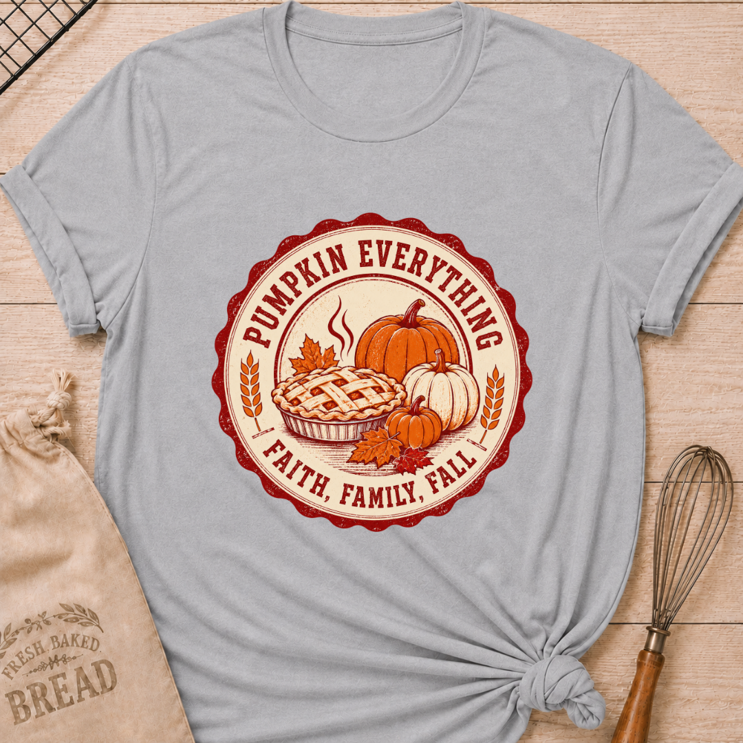 Athletic Heather women's relaxed fit tee with a steaming lattice pie surrounded by pumpkins, autumn leaves and wheat in a vintage harvest badge, with Pumpkin Everything and Faith, Family, Fall lettering