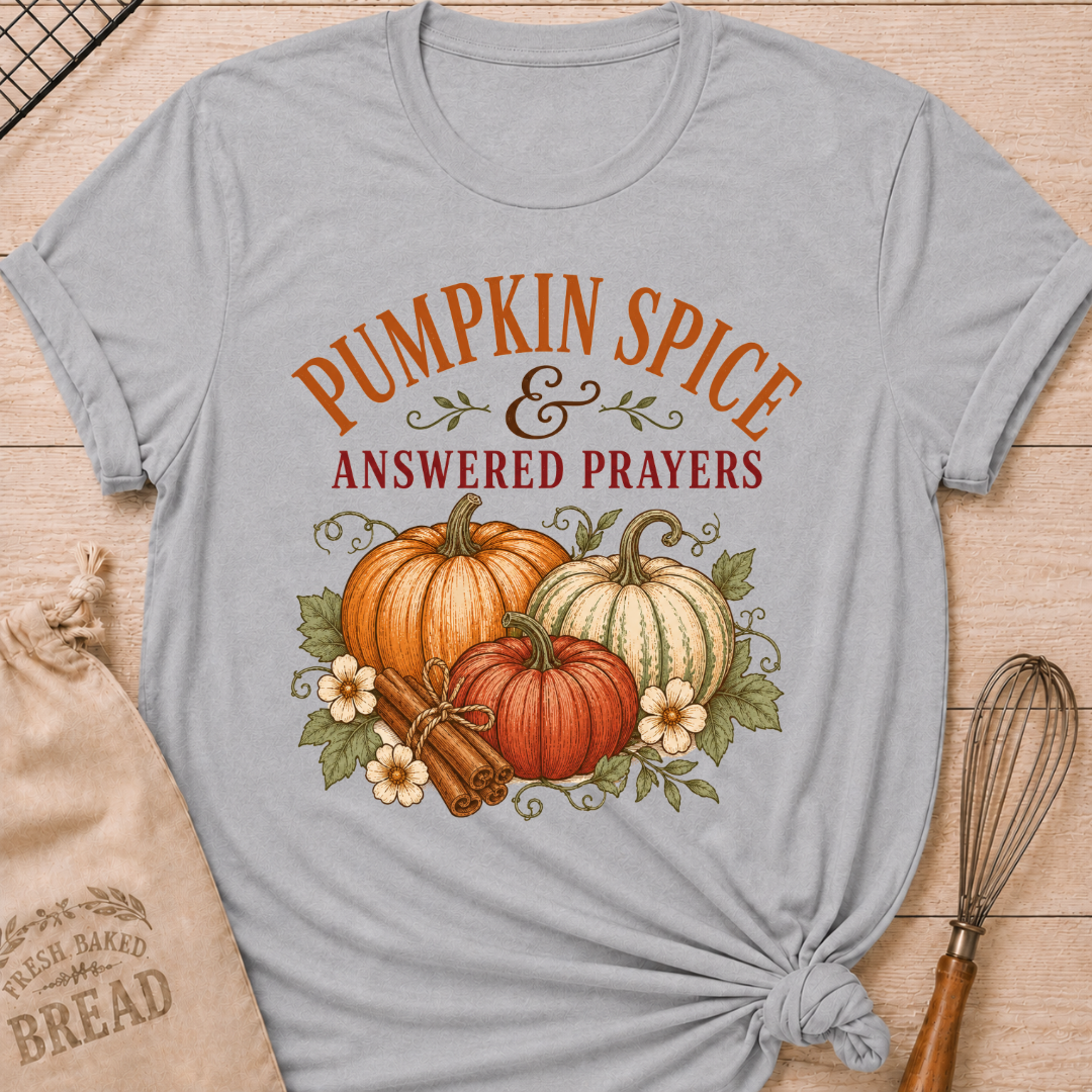 Athletic Heather women's relaxed fit tee with vintage Pumpkins and Prayers lettering, a pumpkin arrangement, cinnamon sticks, florals and trailing vines