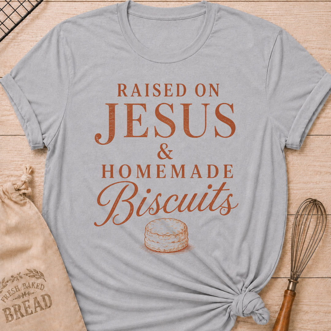 Athletic Heather Raised On Jesus and Homemade Biscuits women's relaxed fit tee with warm vintage typography and a classic biscuit