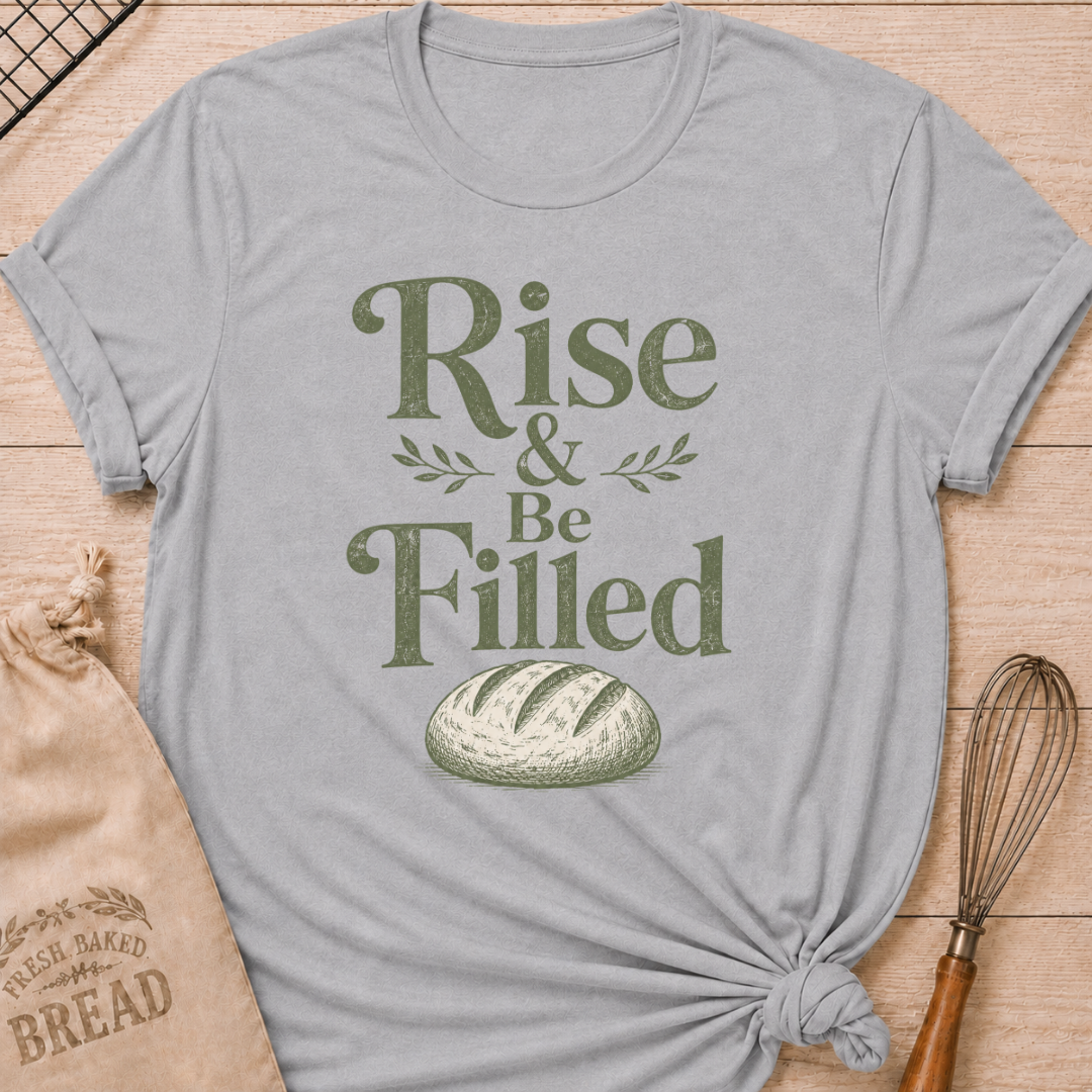 Athletic heather women's relaxed fit t-shirt with the words Rise and Be Filled in vintage lettering above a rustic loaf of bread and leafy accents.