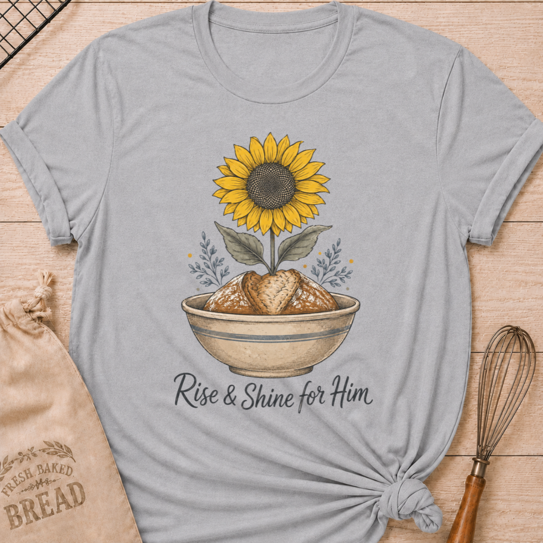 Athletic Heather Rise and Shine For Him women's relaxed fit tee with a rustic loaf of bread, a bold sunflower, and vintage farmhouse details