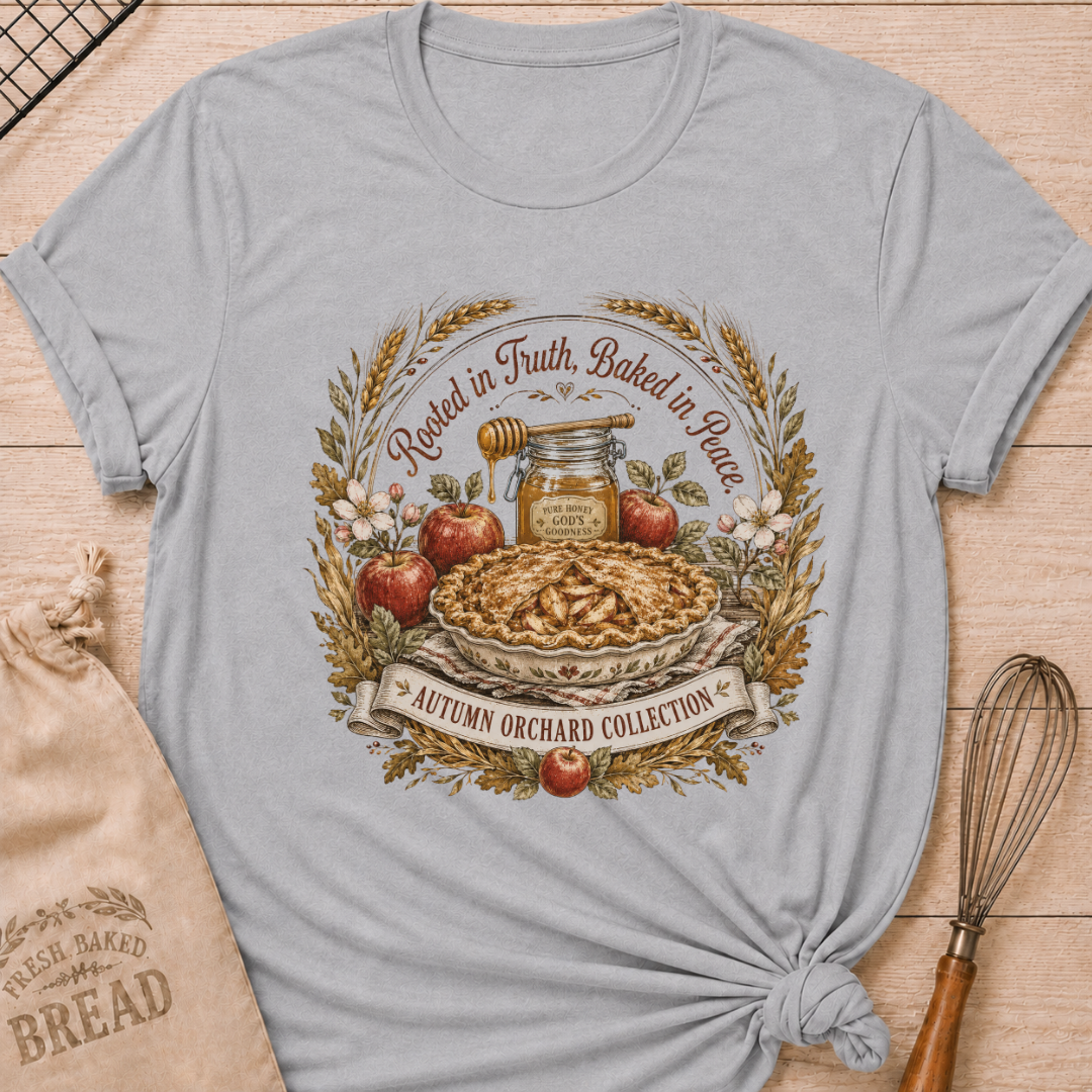 Athletic Heather women's relaxed fit tee with Rooted in Truth, Baked in Peace lettering over a rustic apple pie, fresh apples, golden wheat, autumn leaves and a jar of honey in a vintage harvest composition
