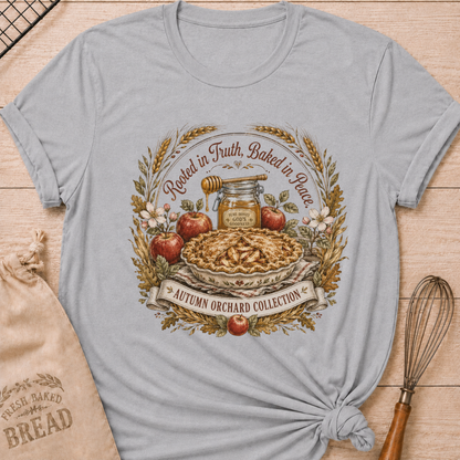 Athletic Heather women's relaxed fit tee with Rooted in Truth, Baked in Peace lettering over a rustic apple pie, fresh apples, golden wheat, autumn leaves and a jar of honey in a vintage harvest composition