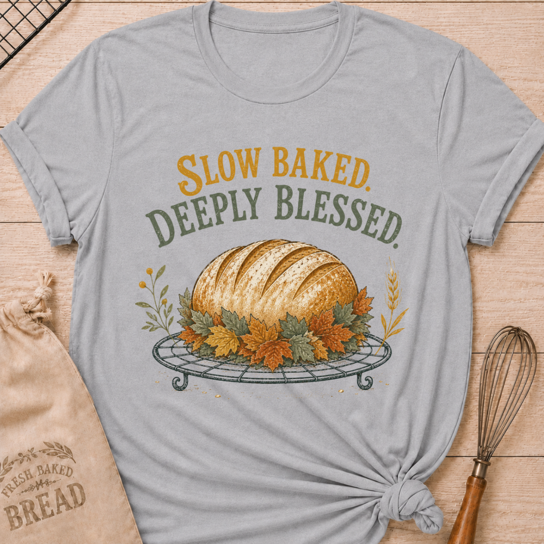 Athletic Heather women's relaxed fit tee with Slow Baked Deeply Blessed lettering over a golden artisan loaf resting on a vintage cooling rack, surrounded by richly colored fall leaves and wheat