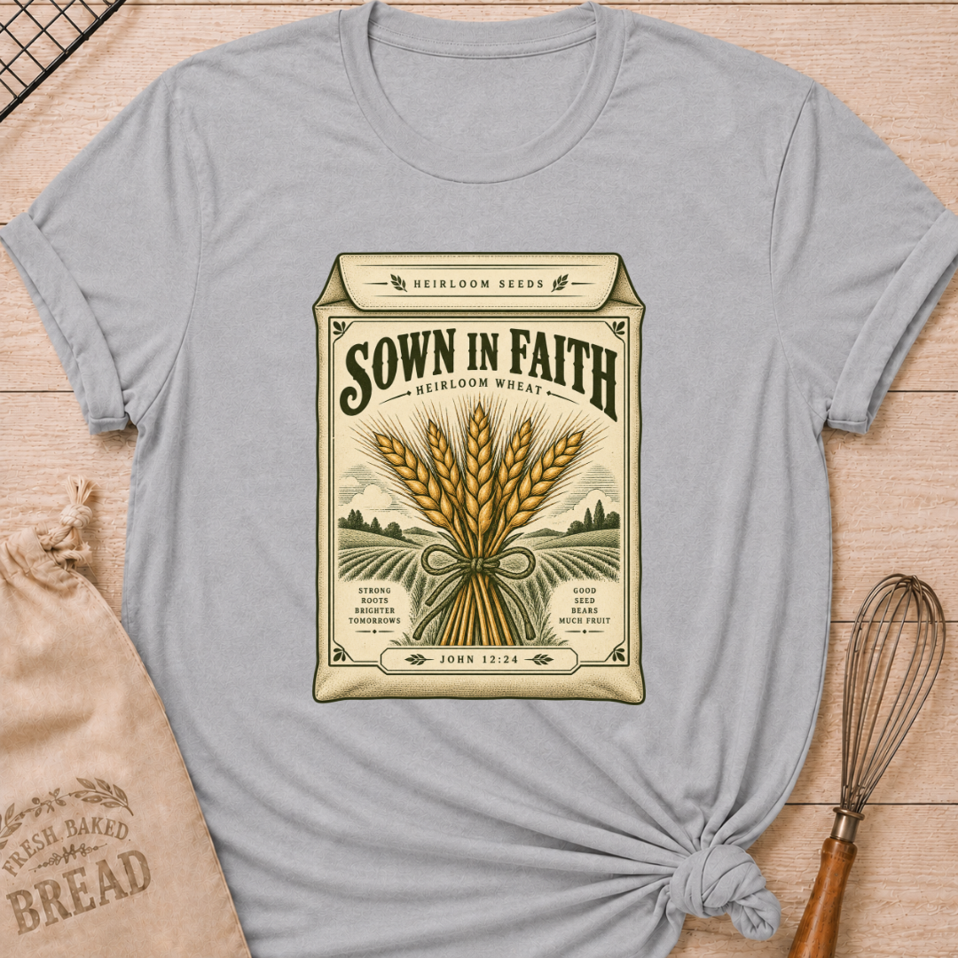 Athletic Heather women's relaxed fit tee with a vintage heirloom seed packet design, golden wheat, rolling fields and John 12:24 woven into the artwork beneath Sown in Faith lettering