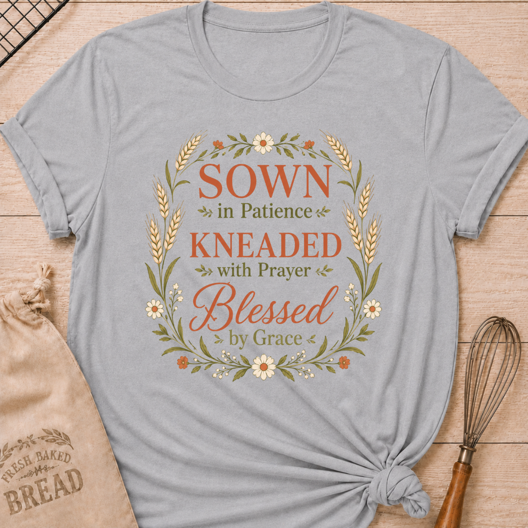 Athletic heather women's relaxed fit t-shirt with the words Sown in Patience, Kneaded with Prayer, Blessed by Grace framed in wheat, daisies and delicate greenery.