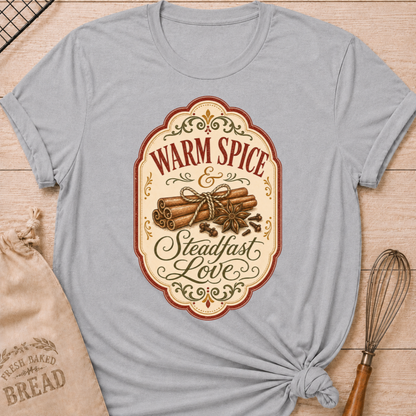 Athletic Heather women's relaxed fit tee with vintage label styling, cinnamon sticks, star anise and cloves in autumn tones