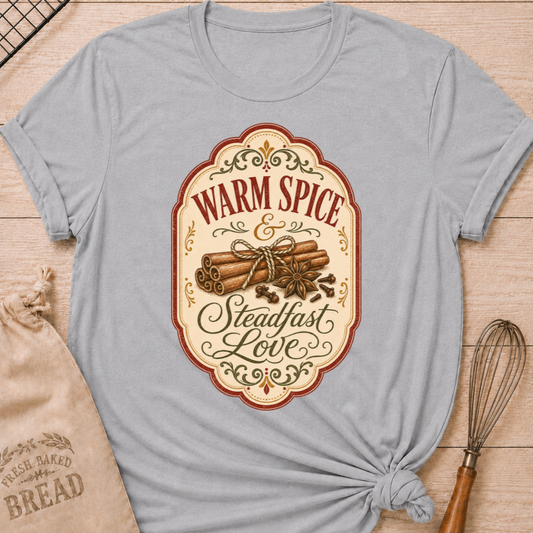 Athletic Heather women's relaxed fit tee with vintage label styling, cinnamon sticks, star anise and cloves in autumn tones