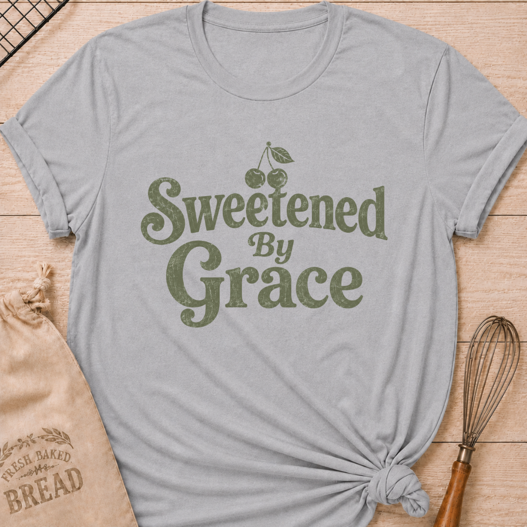 Athletic heather women's relaxed fit t-shirt with the words Sweetened by Grace in playful vintage lettering and a cherry.