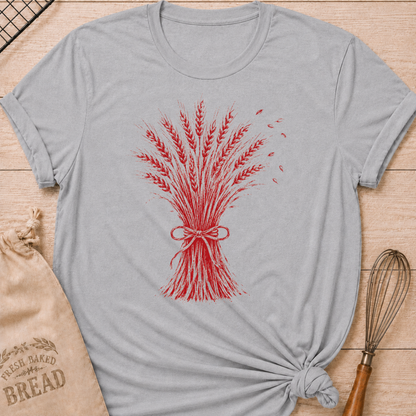 Athletic Heather women's relaxed fit tee with a hand-tied sheaf of wheat in a warm vintage red, with delicate grain details and a softly distressed finish