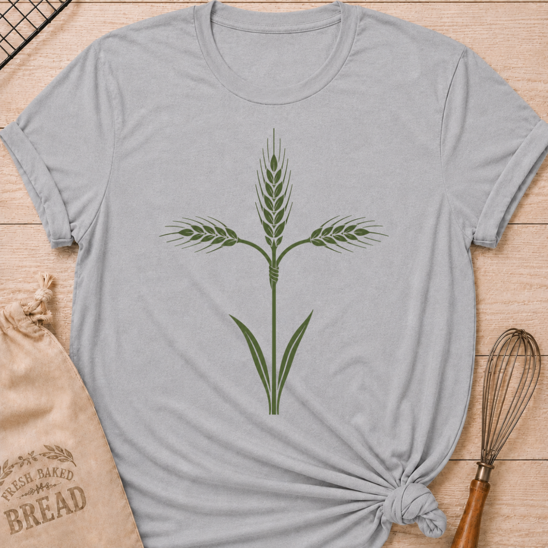 Athletic heather women's relaxed fit t-shirt with a graceful cross formed from tied stalks of wheat.