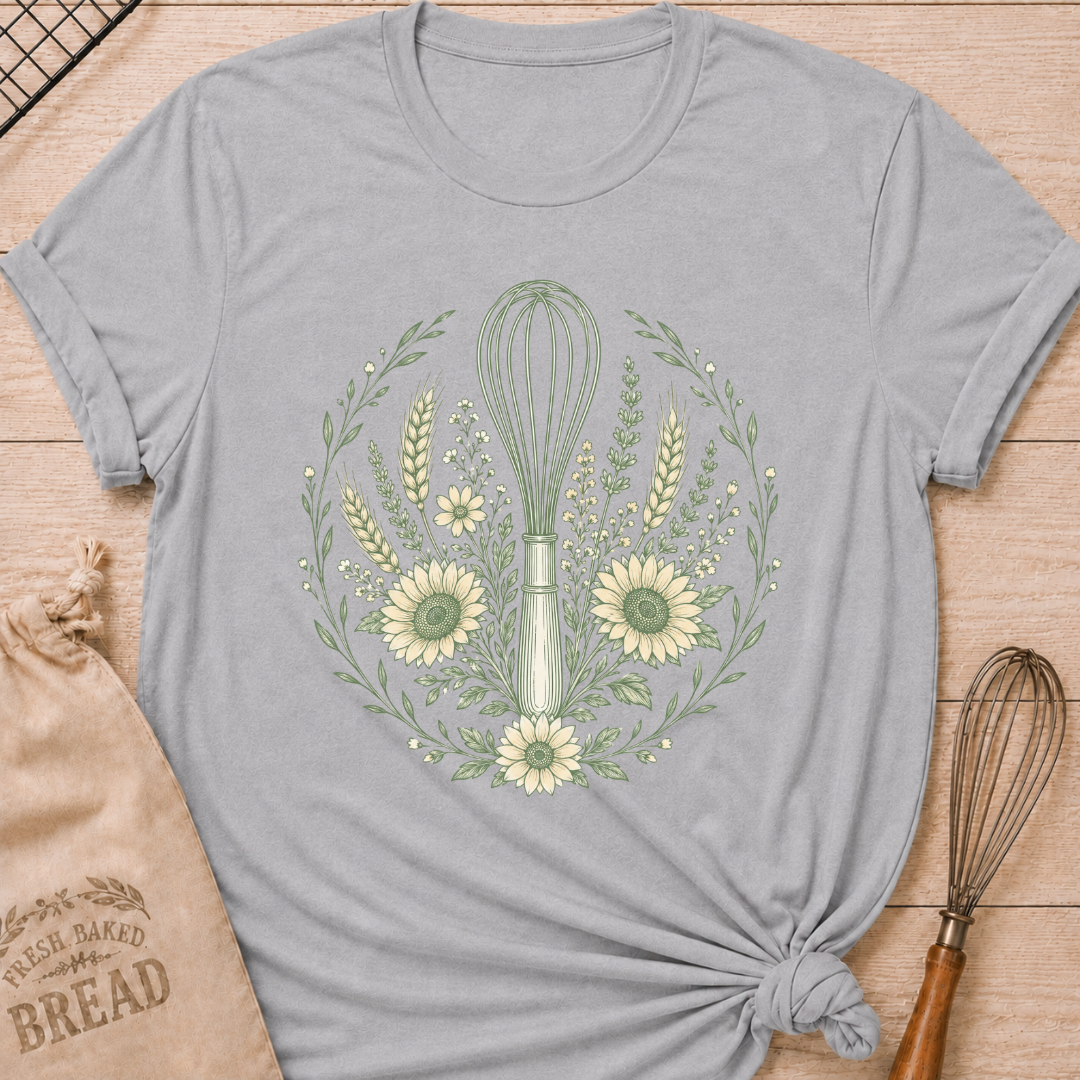 Athletic Heather Whisk, Wheat and Sunflowers women's relaxed fit tee with a kitchen whisk, golden wheat, sunflowers, and greenery