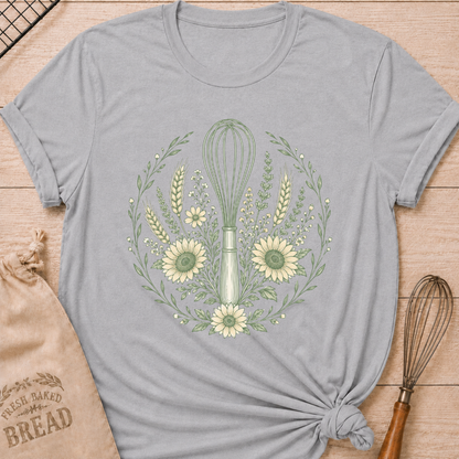 Athletic Heather Whisk, Wheat and Sunflowers women's relaxed fit tee with a kitchen whisk, golden wheat, sunflowers, and greenery