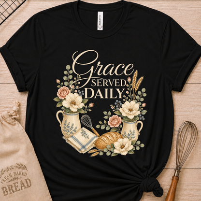 A black short-sleeve graphic T-shirt laid flat on a light wood surface, styled with a burlap bread bag on the left and a wire whisk on the right. The shirt features a large decorative front print reading “Grace Served Daily” in white script and block lettering, surrounded by cream flowers, green leaves, wheat stalks, a teapot, a whisk, and a loaf of bread.
