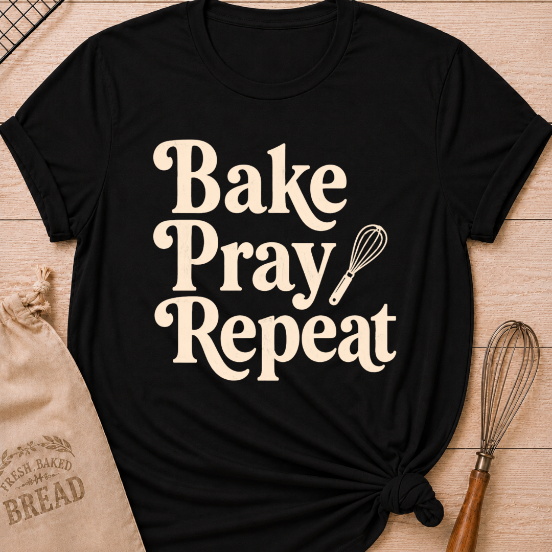 Black women's relaxed fit t-shirt with the words Bake, Pray, Repeat in playful vintage lettering and a classic kitchen whisk.