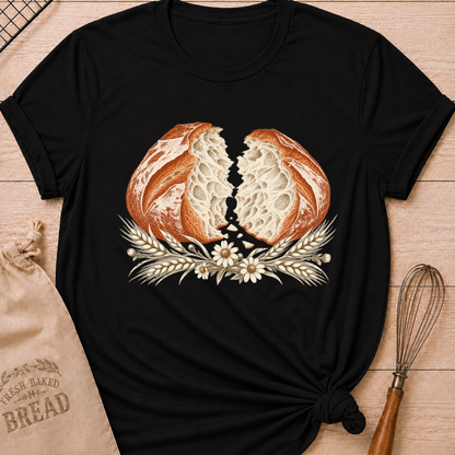 Black women's relaxed fit tee with a torn artisan loaf showing its airy crumb, framed by wheat and delicate wildflowers