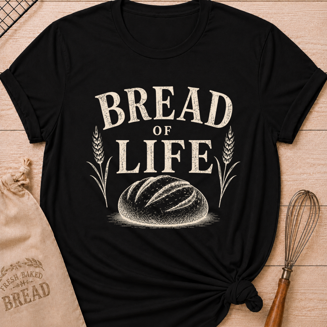 Black Bread of Life women's relaxed fit tee with bold vintage lettering and a rustic loaf framed by wheat