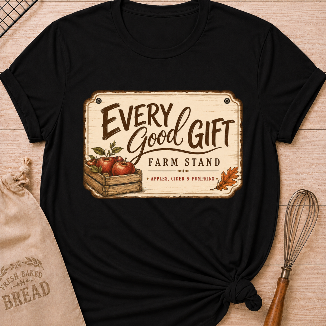 Black women's relaxed fit tee with a vintage farm stand design, a wooden crate of apples, cider and pumpkins