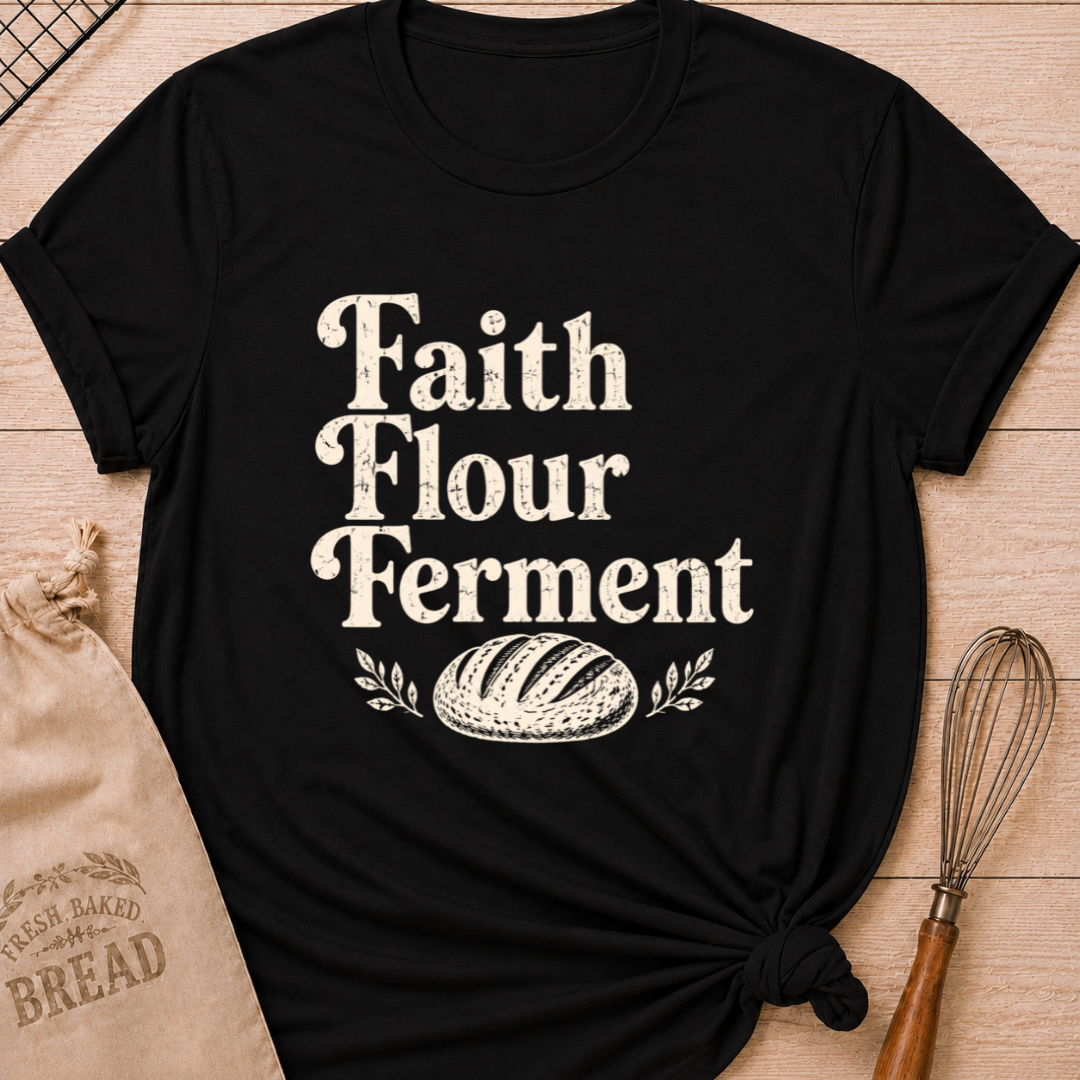 Black women's relaxed fit t-shirt with the words Faith, Flour, Ferment in bold vintage lettering with a classic artisan loaf and subtle leafy accents.