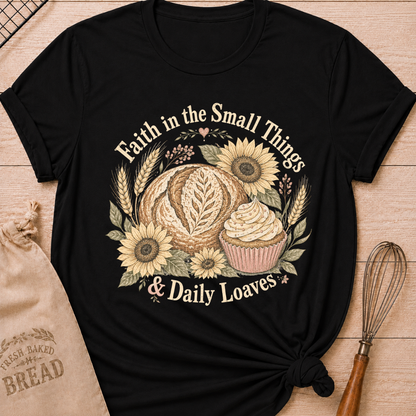 Black Faith In The Small Things women's relaxed fit tee with artisan bread, a frosted cupcake, sunflowers, and wheat