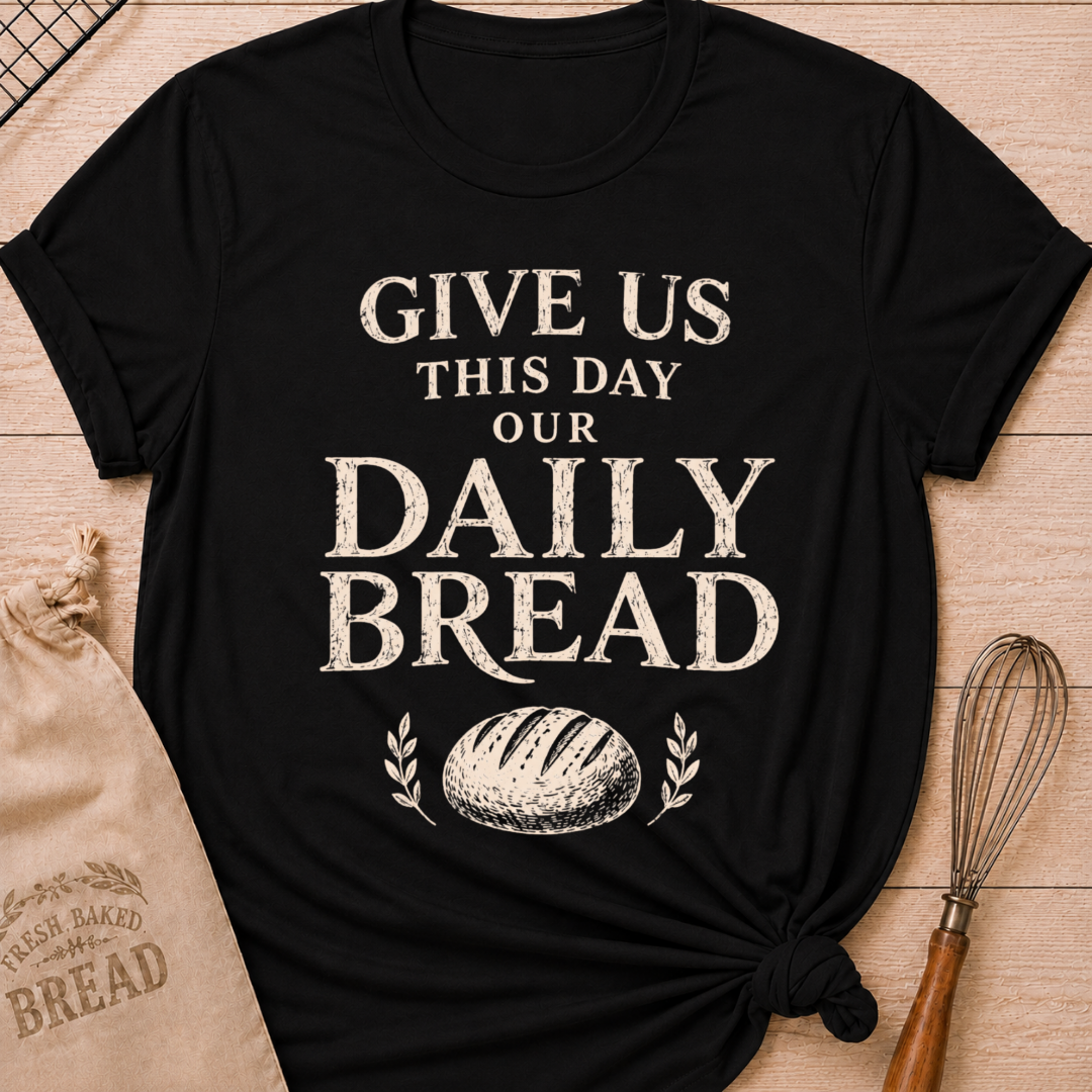 Black women's relaxed fit t-shirt with the words Give Us This Day Our Daily Bread in bold vintage lettering above a rustic loaf and leafy accents.