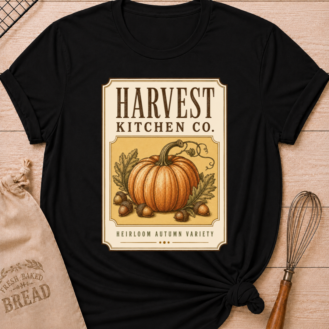 Black women's relaxed fit tee with a vintage produce label design, an heirloom pumpkin, oak leaves and acorns