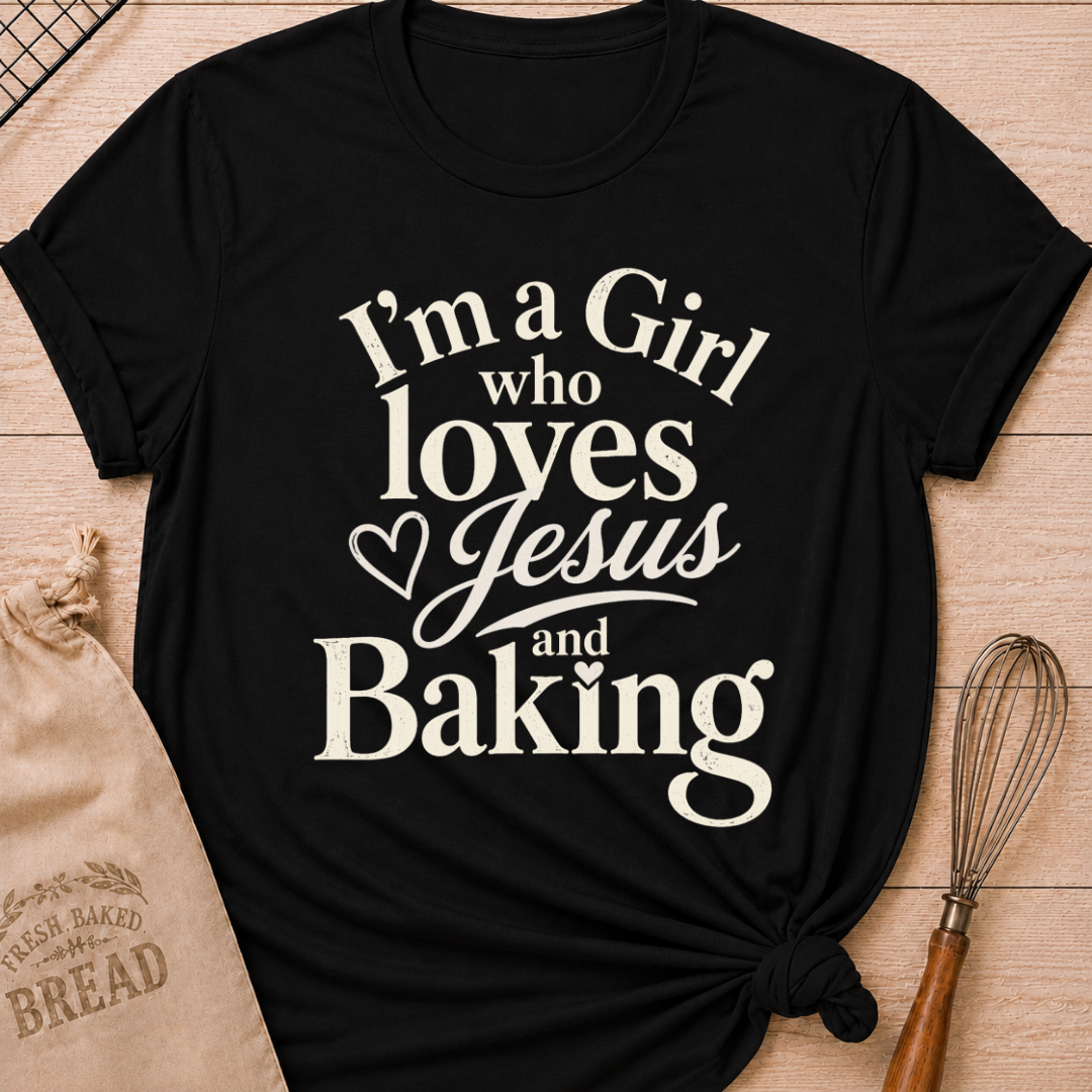 Black I'm a Girl Who Loves Jesus and Baking women's relaxed fit tee with warm vintage typography