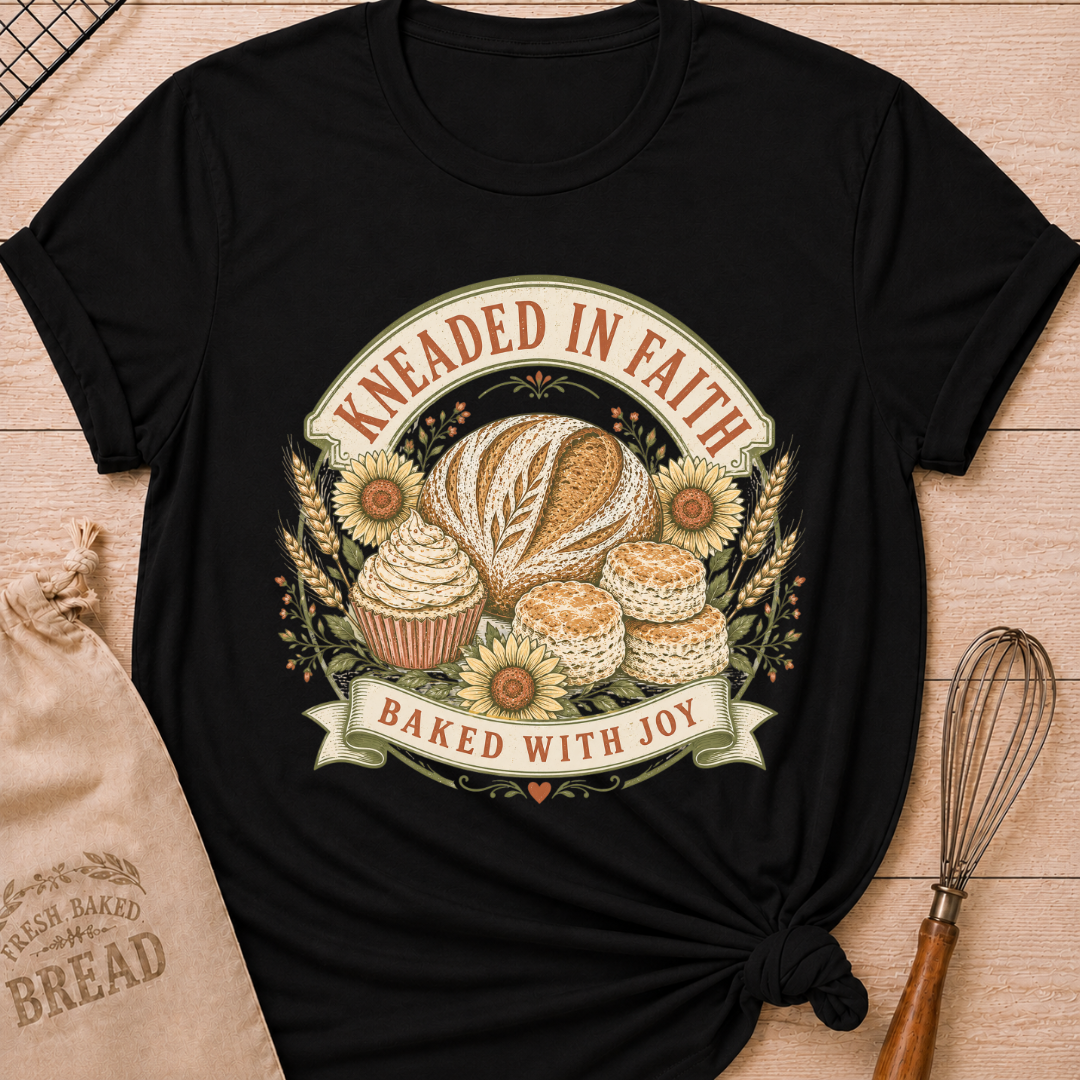 A black graphic t-shirt styled with a knotted hem, laid flat on a light wood background with a drawstring bread bag and a whisk. The shirt features a vintage-inspired circular badge illustration with the words "Kneaded in Faith" arched across the top and "Baked with Joy" on a ribbon banner at the bottom. Inside the badge: a rustic artisan bread loaf, a frosted cupcake, and biscuits, surrounded by sunflowers, wheat stalks, and small floral accents, all rendered in warm cream, gold, and sage tones