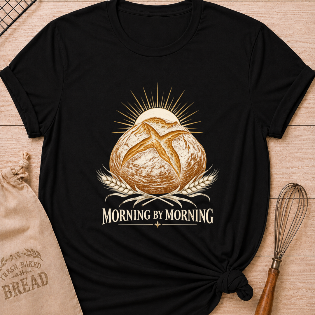 Black women's relaxed fit tee with a rustic artisan loaf rising beneath a radiant sun, framed by golden wheat in a warm vintage style, above Morning by Morning lettering