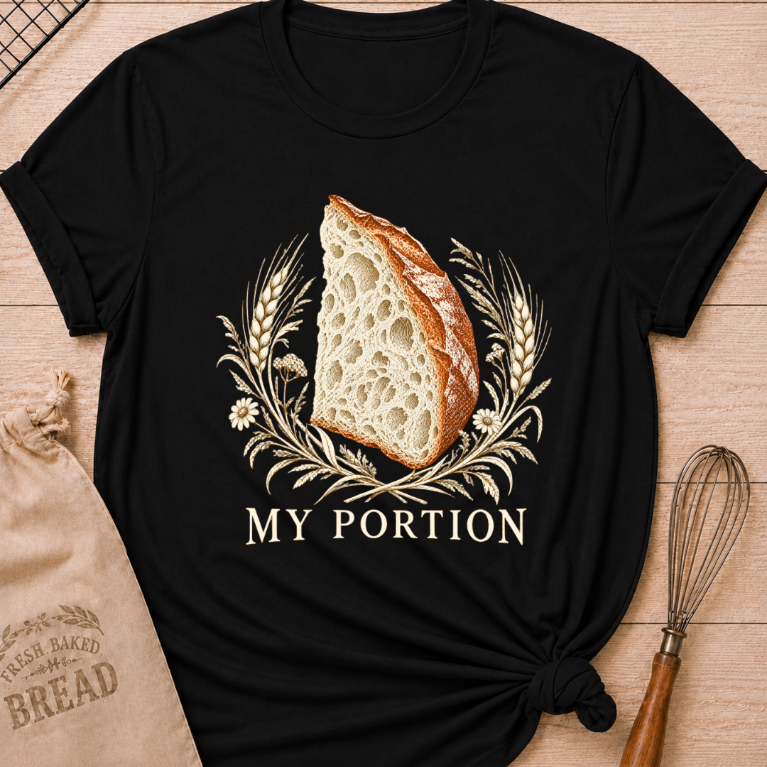 Black women's relaxed fit tee with a detailed slice of artisan bread framed by wheat and delicate wildflowers in warm earthy tones, with My Portion lettering below