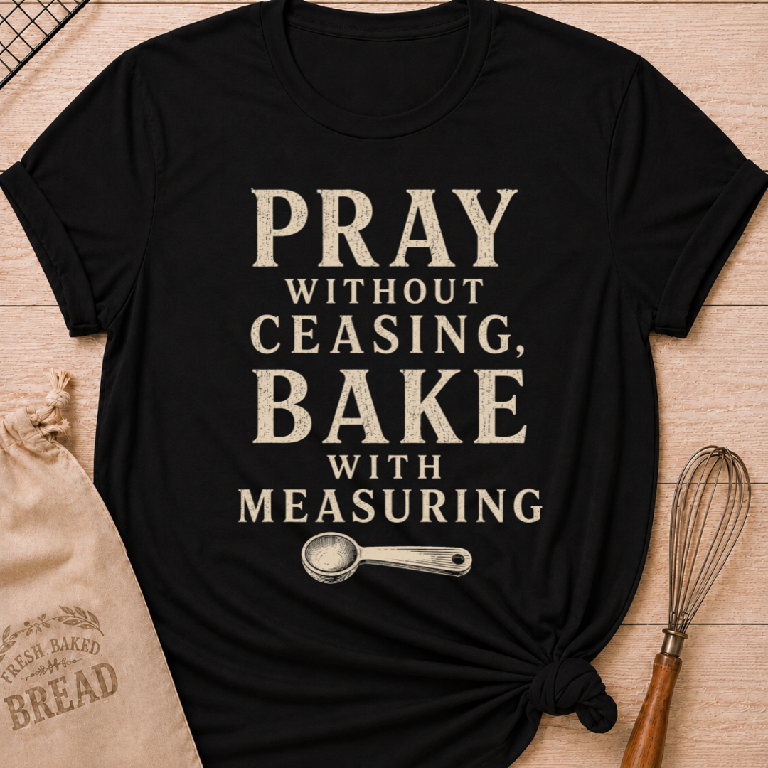Black Pray Without Ceasing, Bake With Measuring women's relaxed fit tee with bold vintage lettering and a measuring spoon