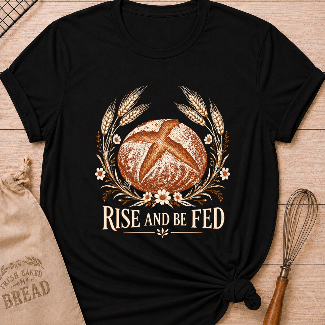 Black women's relaxed fit tee with a detailed artisan loaf framed by wheat and delicate wildflowers in a soft vintage style, above Rise and Be Fed lettering