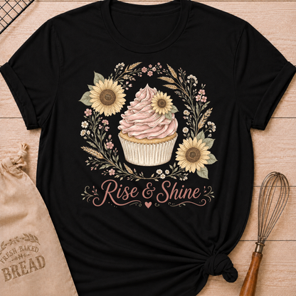 A black short-sleeve graphic T-shirt laid flat on a light wood surface, styled with a burlap bread bag and a whisk. The shirt features a cupcake illustration surrounded by sunflowers and floral elements, with the words 'Rise & Shine' in script below.
