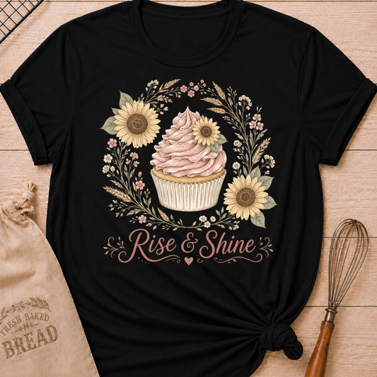 A black short-sleeve graphic T-shirt laid flat on a light wood surface, styled with a burlap bread bag and a whisk. The shirt features a cupcake illustration surrounded by sunflowers and floral elements, with the words 'Rise & Shine' in script below.