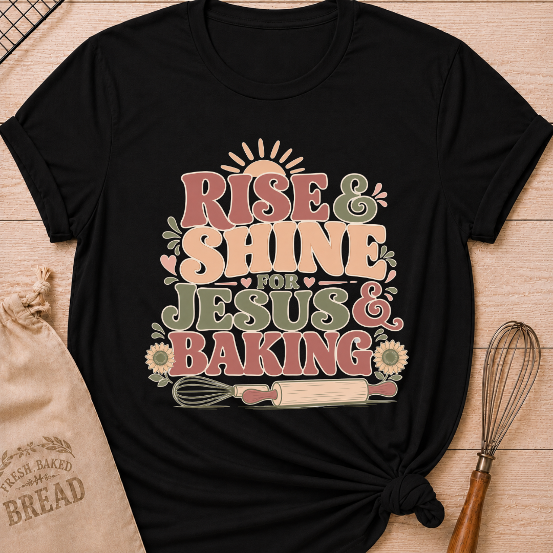 A black graphic t-shirt styled with a knotted hem, laid flat on a light wood background with a drawstring bread bag and a whisk. The shirt features a bold retro groovy graphic that reads "RISE & SHINE FOR JESUS & BAKING" in pink, cream, and sage lettering, with a rising sun at the top, heart accents, sunflowers, and illustrations of a whisk and rolling pin at the bottom.