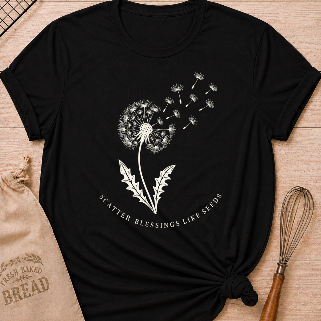 Black women's relaxed fit t-shirt with a dandelion releasing its seeds and the words Scatter Blessings Like Seeds.