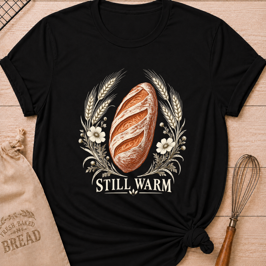 Black women's relaxed fit tee with a freshly baked artisan loaf framed by wheat and soft wildflowers in an old world engraved style, with Still Warm lettering