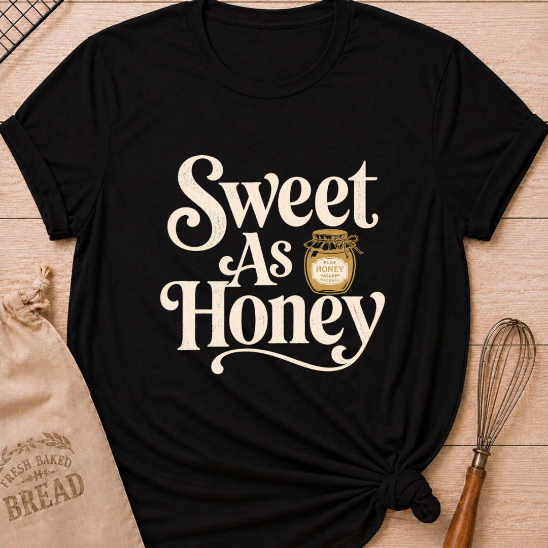 Black women's relaxed fit t-shirt with the words Sweet as Honey in playful vintage lettering and a jar of golden honey.