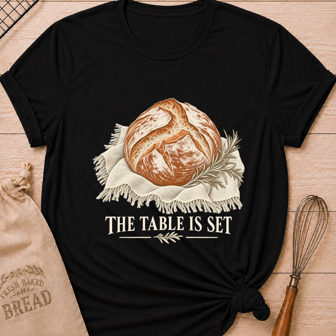 Black women's relaxed fit tee with a rustic artisan loaf resting on softly draped linen with a rosemary sprig and The Table Is Set lettering