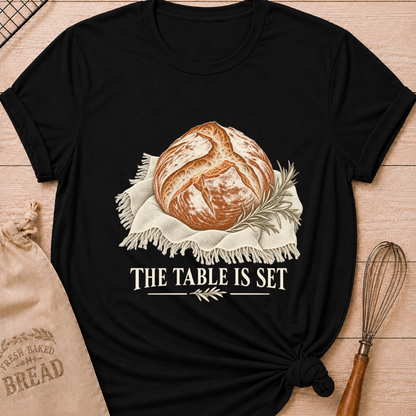 Black women's relaxed fit tee with a rustic artisan loaf resting on softly draped linen with a rosemary sprig and The Table Is Set lettering